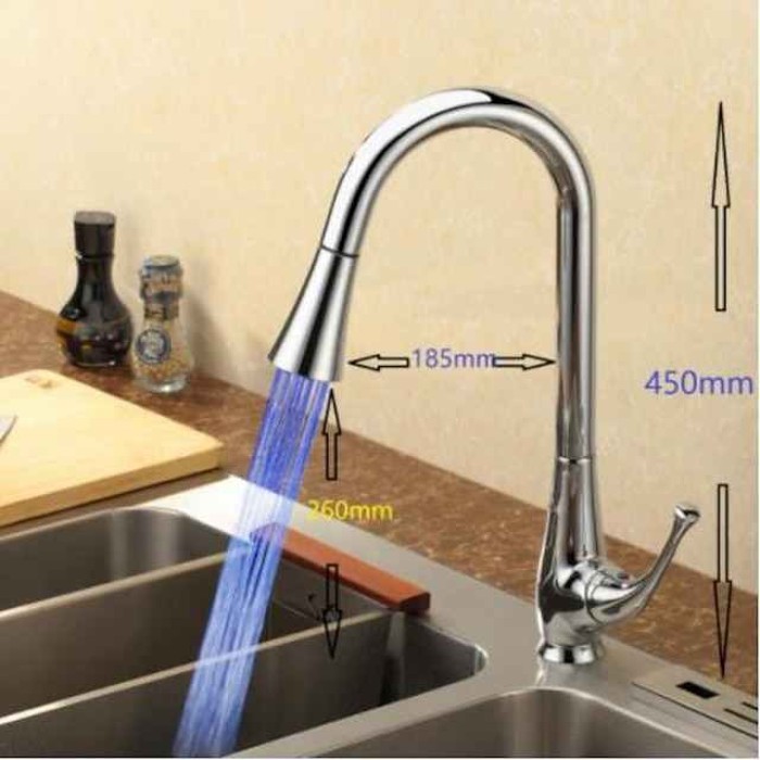 Deck Mounted Kitchen Faucet,LED Single Handle One Hole Chrome Pull-out ­High Arc Contemporary Kitchen Taps with Hot and Cold Water