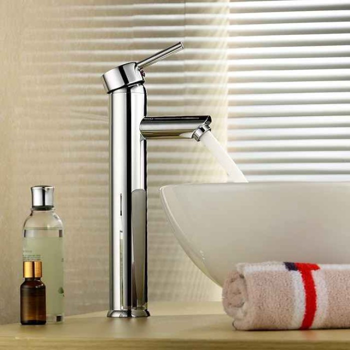 Bathroom Sink Faucet,Country Style Brass Chrome Vessel Single Handle One Hole Bath Taps with Hot and Cold Switch and Valve