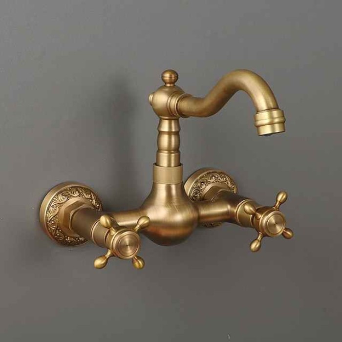 Traditional Kitchen Sink Mixer Taps Wall Mounted Brass, Vintage Retro Kitchen Faucet Twin Lever Standard Spout Vessel Tap