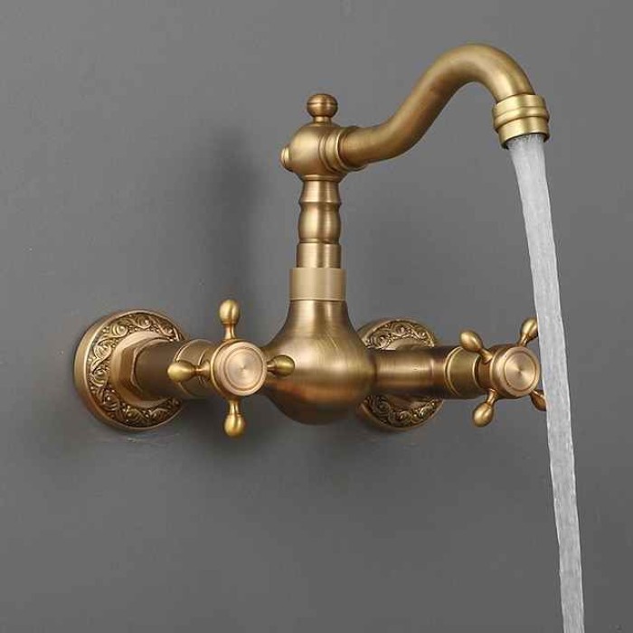 Traditional Kitchen Sink Mixer Taps Wall Mounted Brass, Vintage Retro Kitchen Faucet Twin Lever Standard Spout Vessel Tap