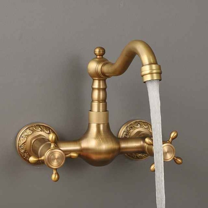 Traditional Kitchen Sink Mixer Taps Wall Mounted Brass, Vintage Retro Kitchen Faucet Twin Lever Standard Spout Vessel Tap