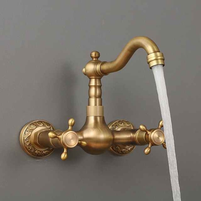 Traditional Kitchen Sink Mixer Taps Wall Mounted Brass, Vintage Retro Kitchen Faucet Twin Lever Standard Spout Vessel Tap