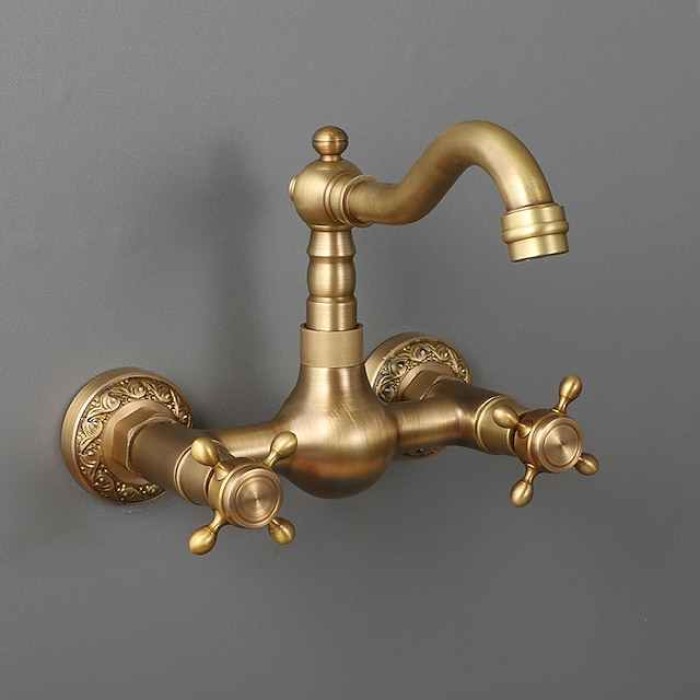 Traditional Kitchen Sink Mixer Taps Wall Mounted Brass, Vintage Retro Kitchen Faucet Twin Lever Standard Spout Vessel Tap