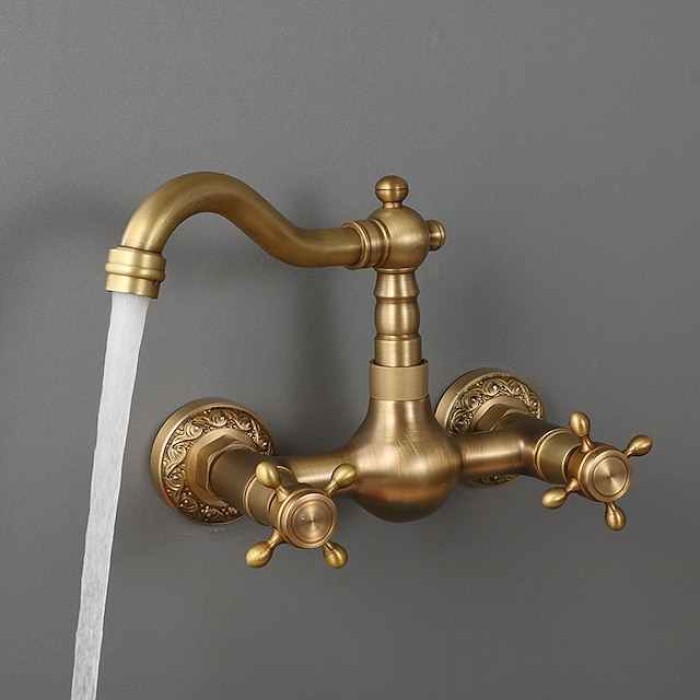 Traditional Kitchen Sink Mixer Taps Wall Mounted Brass, Vintage Retro Kitchen Faucet Twin Lever Standard Spout Vessel Tap