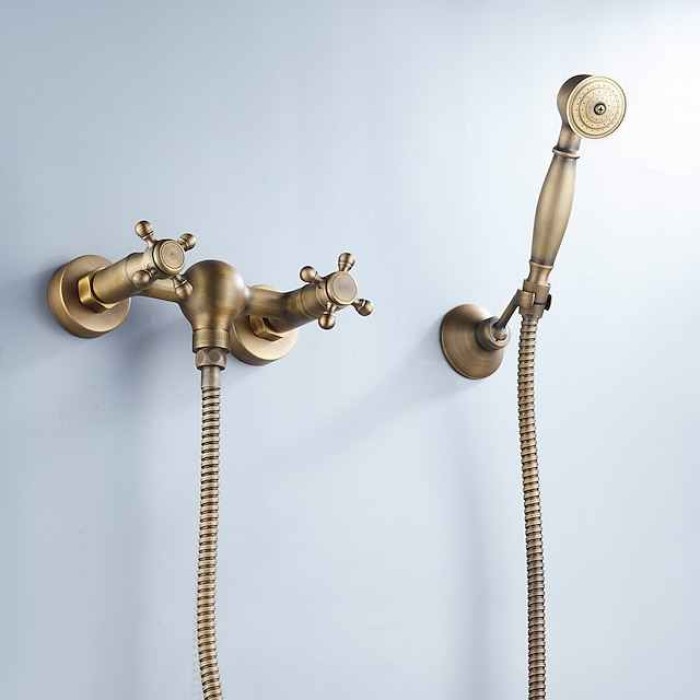 Bathtub Faucet with Handheld Shower,Wall Mounted Antique Brass Bath Tap Retro Style Hot and Cold Water Bath Tap Shower Fitting for Bathroom Shower