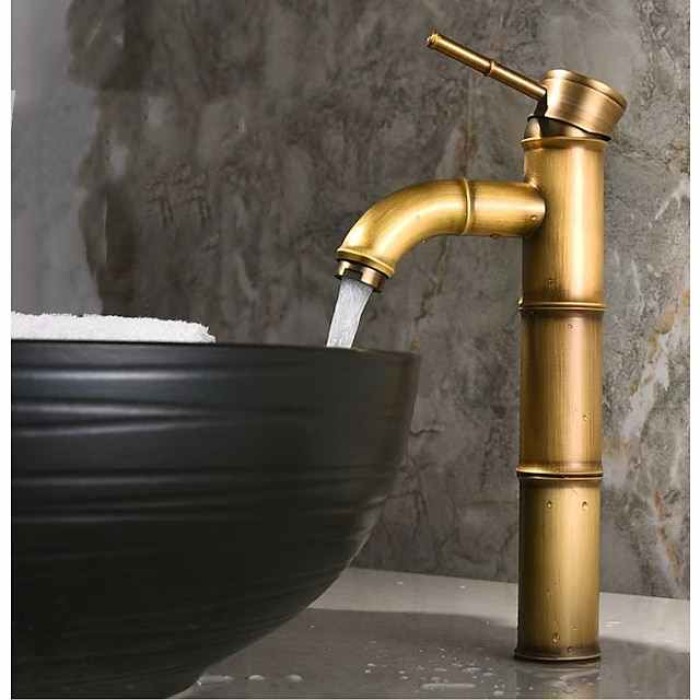 Vintage Bathroom Sink Mixer Faucet, Retro Style Monobloc Washroom Basin Vessel Taps Brass Single Handle Deck Mounted, Traditional with Hot and Cold Water Hose