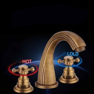 Widespread Bathroom Sink Mixer Faucet, Vintage Brass 3 Hole 2 Handles Basin Taps, Retro Style Bathroom Tap Contain with Cold and Hot Water Hose