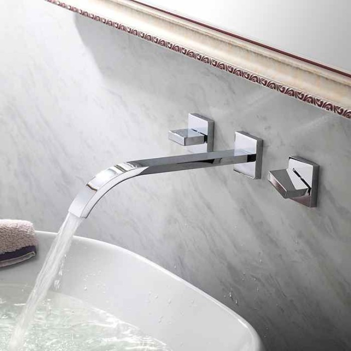 Wall Mounted Bathroom Sink FaucetSilvery Widespread Chrome Two Handles Three Holes Bath Taps with Hot and Cold Water