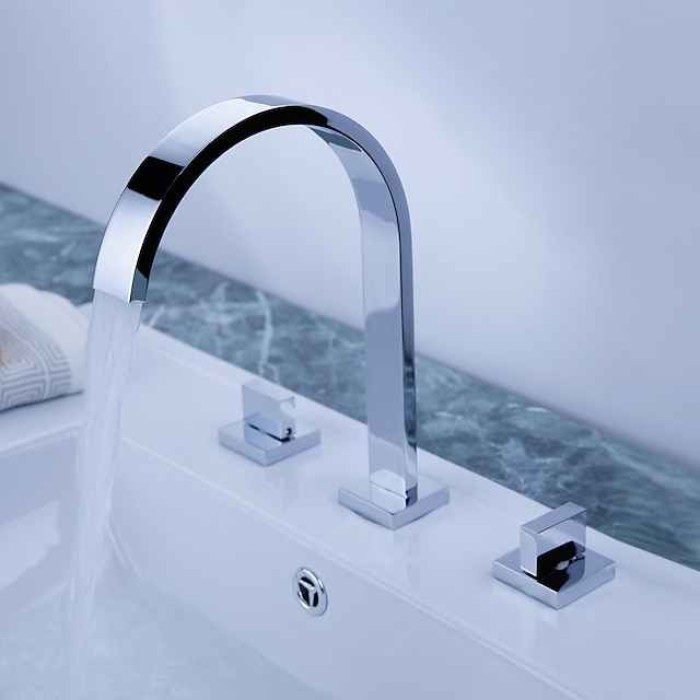 Copper Bathroom Sink Faucet,Widespread Chrome Two Handles Three Holes Bath Taps with Hot and Cold Switch and Valve