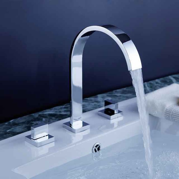 Copper Bathroom Sink Faucet,Widespread Chrome Two Handles Three Holes Bath Taps with Hot and Cold Switch and Valve