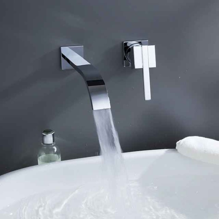 Bathroom Sink Faucets,Brass Waterfall Modern Style Wall Mount Single Handle Two Holes Chrome Finish Bath Tap with Cold and Hot Switch