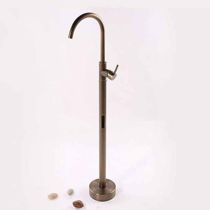 Antique Brass Bathtub Faucet Freestanding, 360 Swivel Spout Floor Mount Bath Tub Shower Filler Mixer Taps, Vintage Free Standing Clawfoot Tub with Hot and Cold Water Hose