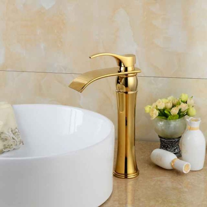 Brass Bathroom Sink Faucet,Waterfall Ti-PVD Widespread Single Handle One Hole Bath Taps with Hot and Cold Switch and Ceramic Valve