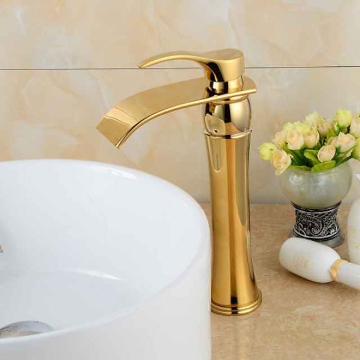 Brass Bathroom Sink Faucet,Waterfall Ti-PVD Widespread Single Handle One Hole Bath Taps with Hot and Cold Switch and Ceramic Valve