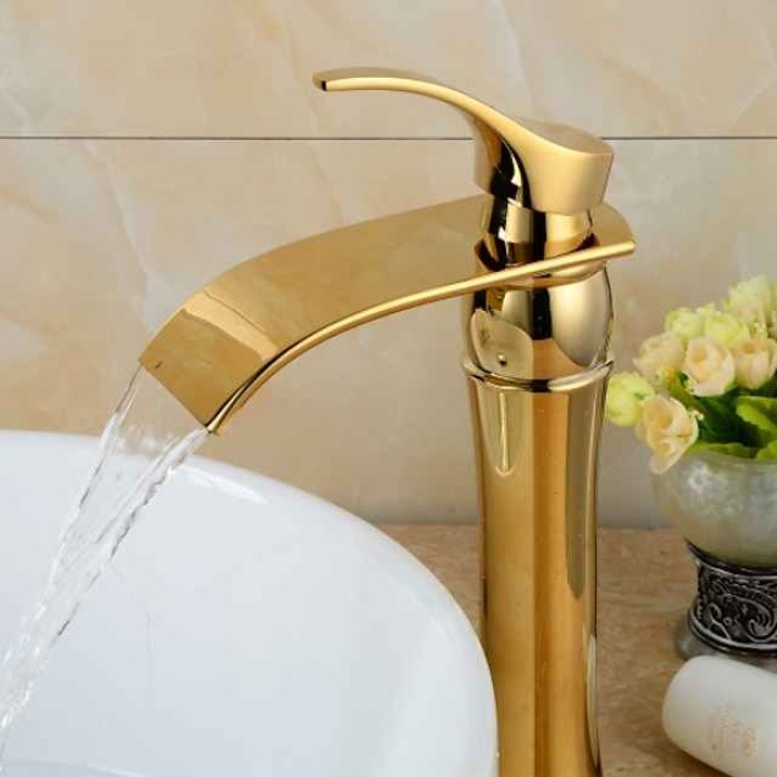 Brass Bathroom Sink Faucet,Waterfall Ti-PVD Widespread Single Handle One Hole Bath Taps with Hot and Cold Switch and Ceramic Valve