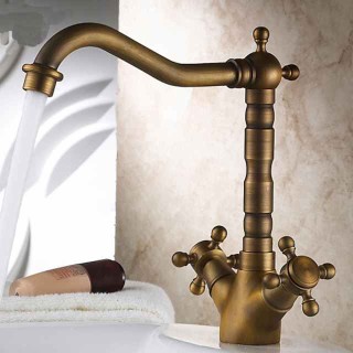 Antique Brass Kitchen Faucet,Two Handles One Hole Standard Spout Deck Mounted Traditional Kitchen Taps with Hot and Cold Switch