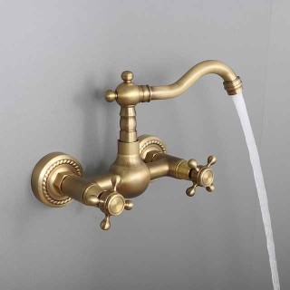 Bathroom Sink Faucet,Two Handles Golden Wall Mount Two Holes Retro Style Standard Spout Bathroom Sink Faucet with Cold and Hot Switch