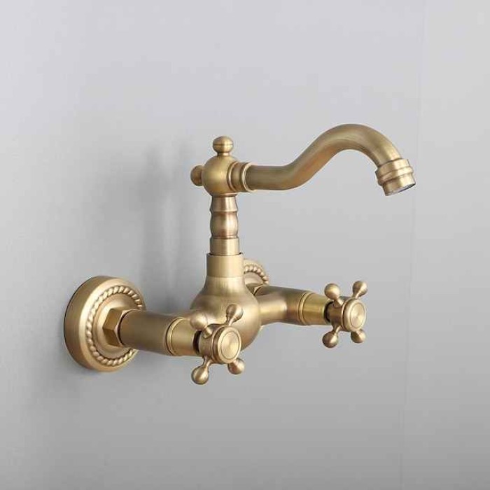 Bathroom Sink Faucet,Two Handles Golden Wall Mount Two Holes Retro Style Standard Spout Bathroom Sink Faucet with Cold and Hot Switch