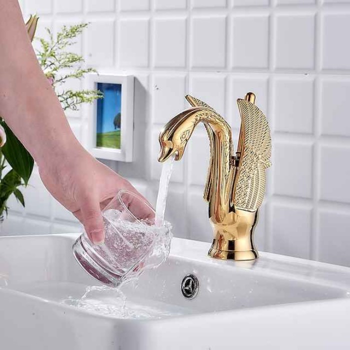 Vintage Bathroom Sink Mixer Faucet Brass Swan Shap, Monobloc Washroom Basin Taps Single Handle One Hole Deck Mounted, Mono Water Vessel Tap Hot and Cold Hose Antique