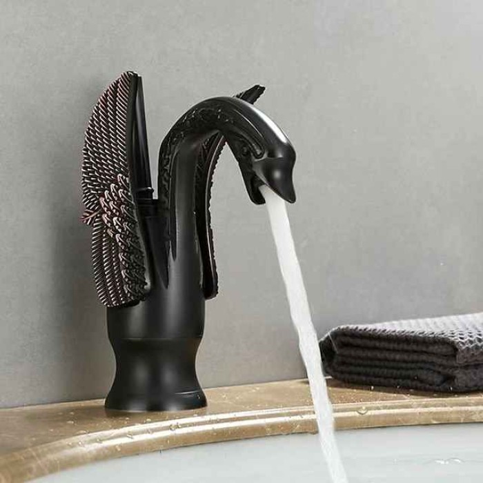 Vintage Bathroom Sink Mixer Faucet Brass Swan Shap, Monobloc Washroom Basin Taps Single Handle One Hole Deck Mounted, Mono Water Vessel Tap Hot and Cold Hose Antique