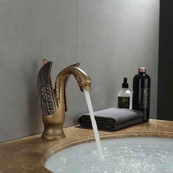 Vintage Bathroom Sink Mixer Faucet Brass Swan Shap, Monobloc Washroom Basin Taps Single Handle One Hole Deck Mounted, Mono Water Vessel Tap Hot and Cold Hose Antique