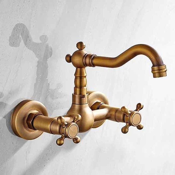 Antique Copper Bathroom Sink Faucet,Wall Mount Two Handles Three Holes Bath Taps with Hot and Cold Switch and Ceramic Valve,Zinc Alloy Handles