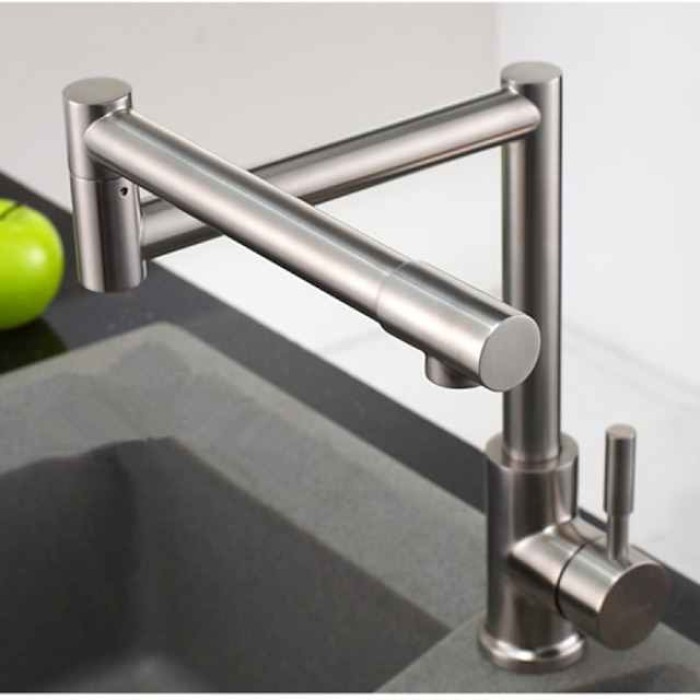 Kitchen Faucet,Modern Style Stainless Steel Single Handle One Hole Brushed Pot Filler Deck Mounted Retro Kitchen Taps With Hot and Cold Water