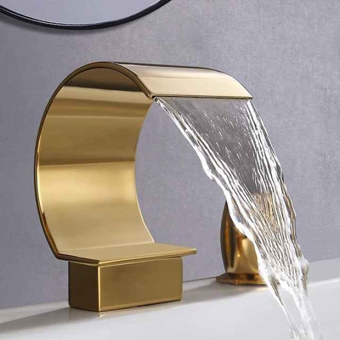 Bathroom Sink Faucet,Elegant Double Handle Arc Waterfall Spout Bathtub Filler Faucet with Three Holes Widespread Bathroom Faucet Gold/Matte Black