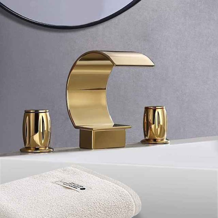 Bathroom Sink Faucet,Elegant Double Handle Arc Waterfall Spout Bathtub Filler Faucet with Three Holes Widespread Bathroom Faucet Gold/Matte Black