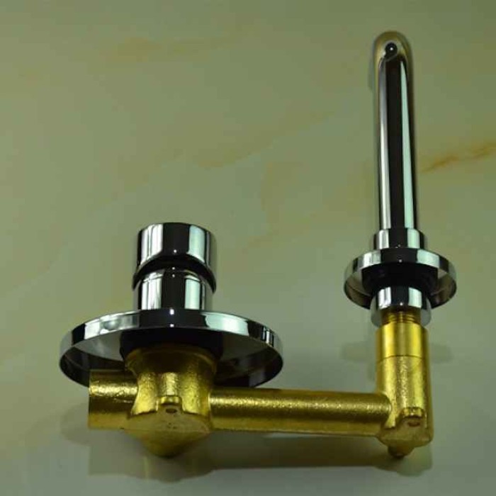 Brass Bathroom Sink Faucet,Silvery Wall Mount Chrome Single Handle Two Holes Bath Taps with Hot and Cold Switch