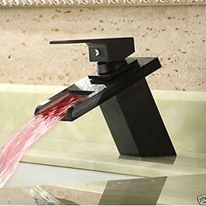 Single Handle Bathroom Faucet Oil-rubbed Bronze with 3-color LED Waterfall Brass Basin Sink Faucet Black Adjustable to Cold and Hot Water