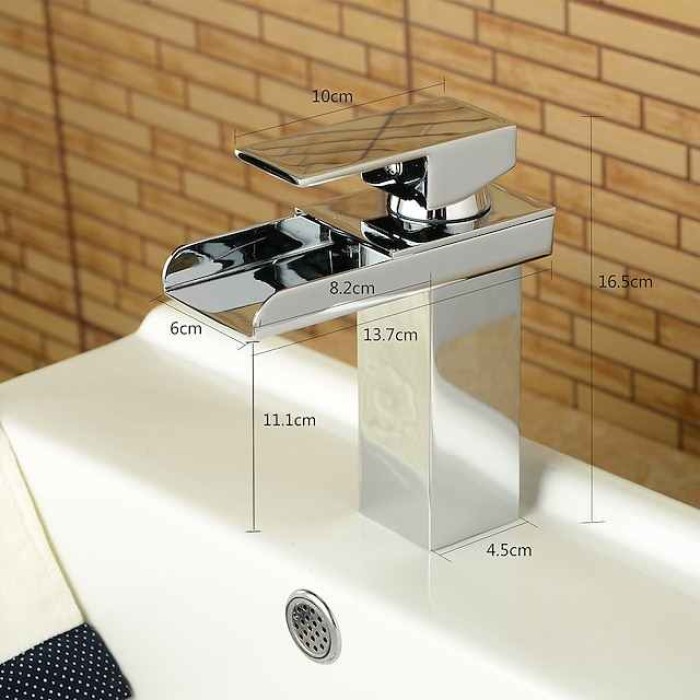 Bathroom Sink Mixer Faucet Waterfall, Modern Style Single Handle One Hole Chrome Centerset Washroom Basin Taps Brass Adjustable Cold Hot Water Hose