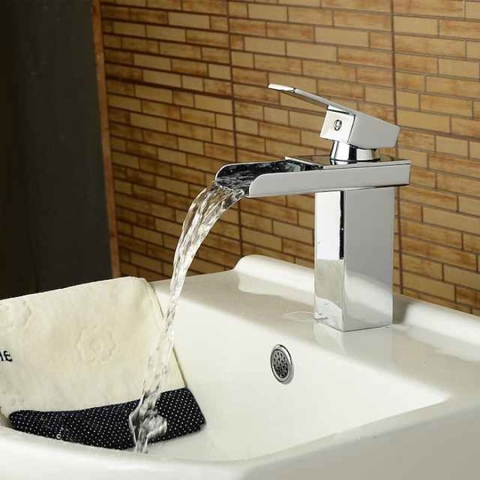 Bathroom Sink Mixer Faucet Waterfall, Modern Style Single Handle One Hole Chrome Centerset Washroom Basin Taps Brass Adjustable Cold Hot Water Hose