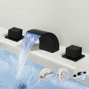 Waterfall Bathroom Sink Faucet LED Light Deck Mounted Brass, Widespread 2 Handle 3 Hole Bath Vessel Taps with Hot and Cold Water Hose