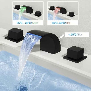 Waterfall Bathroom Sink Faucet LED Light Deck Mounted Brass, Widespread 2 Handle 3 Hole Bath Vessel Taps with Hot and Cold Water Hose