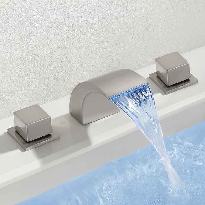 Waterfall Bathroom Sink Faucet LED Light Deck Mounted Brass, Widespread 2 Handle 3 Hole Bath Vessel Taps with Hot and Cold Water Hose