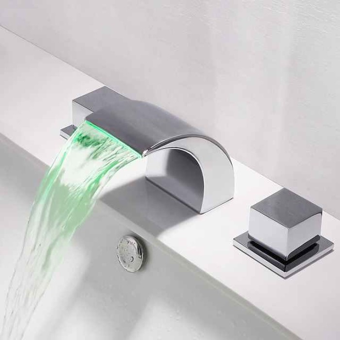 Waterfall Bathroom Sink Faucet LED Light Deck Mounted Brass, Widespread 2 Handle 3 Hole Bath Vessel Taps with Hot and Cold Water Hose