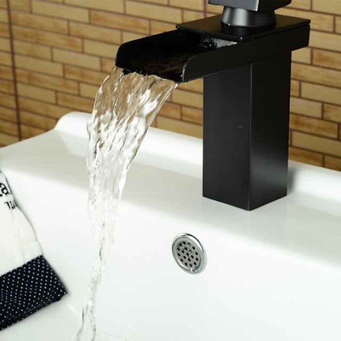 Bathroom Sink Faucet,Waterfall Oil-rubbed Bronze Centerset Widespread Single Handle One Hole Bath Taps with Hot and Cold Switch