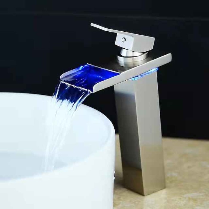 Bathroom Vessel Faucet Tall LED Waterfall Spout 3 Color Changes with Temperature, Sink Mixer Mono Basin Taps, Single Handle One Hole Brass Washroom Vessel Tap Deck Mounted