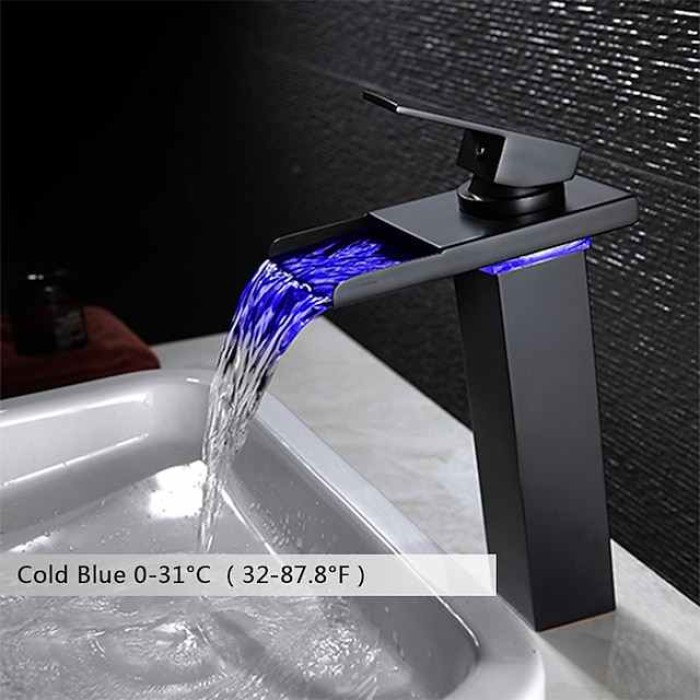 Bathroom Vessel Faucet Tall LED Waterfall Spout 3 Color Changes with Temperature, Sink Mixer Mono Basin Taps, Single Handle One Hole Brass Washroom Vessel Tap Deck Mounted