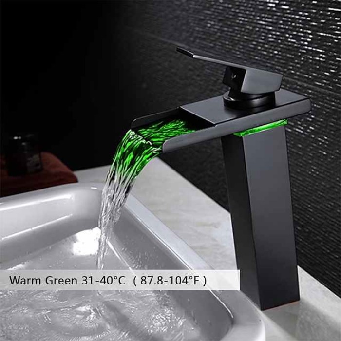 Bathroom Vessel Faucet Tall LED Waterfall Spout 3 Color Changes with Temperature, Sink Mixer Mono Basin Taps, Single Handle One Hole Brass Washroom Vessel Tap Deck Mounted