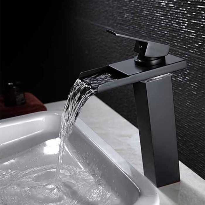 Bathroom Vessel Faucet Tall LED Waterfall Spout 3 Color Changes with Temperature, Sink Mixer Mono Basin Taps, Single Handle One Hole Brass Washroom Vessel Tap Deck Mounted