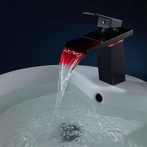 Brass Bathroom Sink Faucet,Waterfall Oil-rubbed Bronze Single Handle One Hole Water Flow LED Power Source Bath Taps with  Zinc Alloy Handle Material, Ceramic Valve,and Cold/Hot Switch