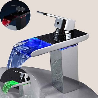 Bathroom Sink Faucet with Supply Hose,LED Waterfall Spout Single Handle Single Hole Vessel Lavatory Faucet,Slanted Body Basin Mixer Tap