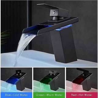 Bathroom Sink Faucet with Supply Hose,LED Waterfall Spout Single Handle Single Hole Vessel Lavatory Faucet,Slanted Body Basin Mixer Tap