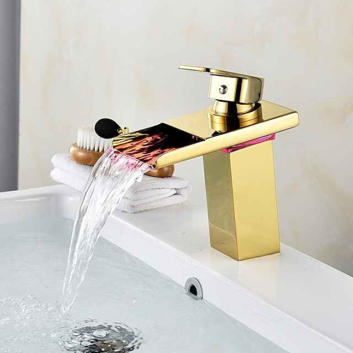 Bathroom Sink Faucet with Supply Hose,LED Waterfall Spout Single Handle Single Hole Vessel Lavatory Faucet,Slanted Body Basin Mixer Tap