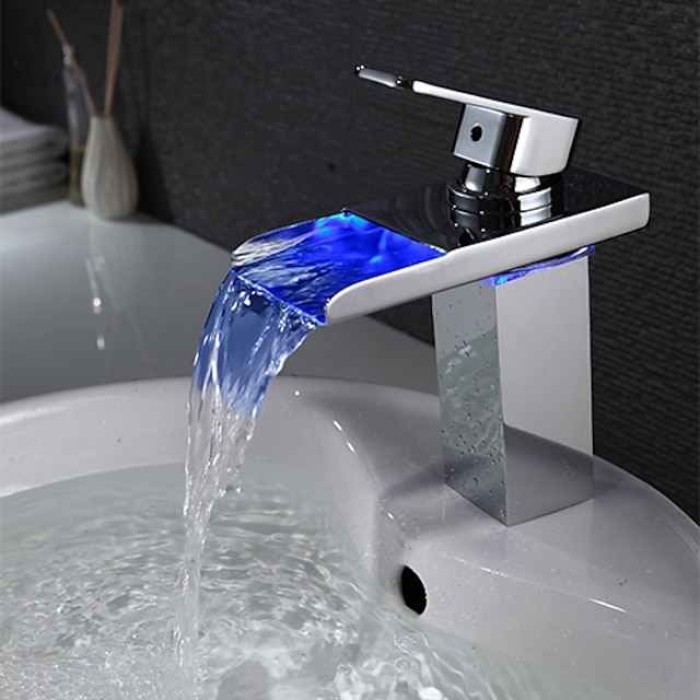 Bathroom Sink Faucet with Supply Hose,LED Waterfall Spout Single Handle Single Hole Vessel Lavatory Faucet,Slanted Body Basin Mixer Tap