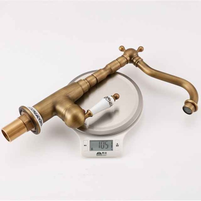 Kitchen Faucet,Brass Antique Brass Ceramics Rotatable Single Handle One Hole Kitchen Tap with Cold and Hot Water and Ceramic Valve