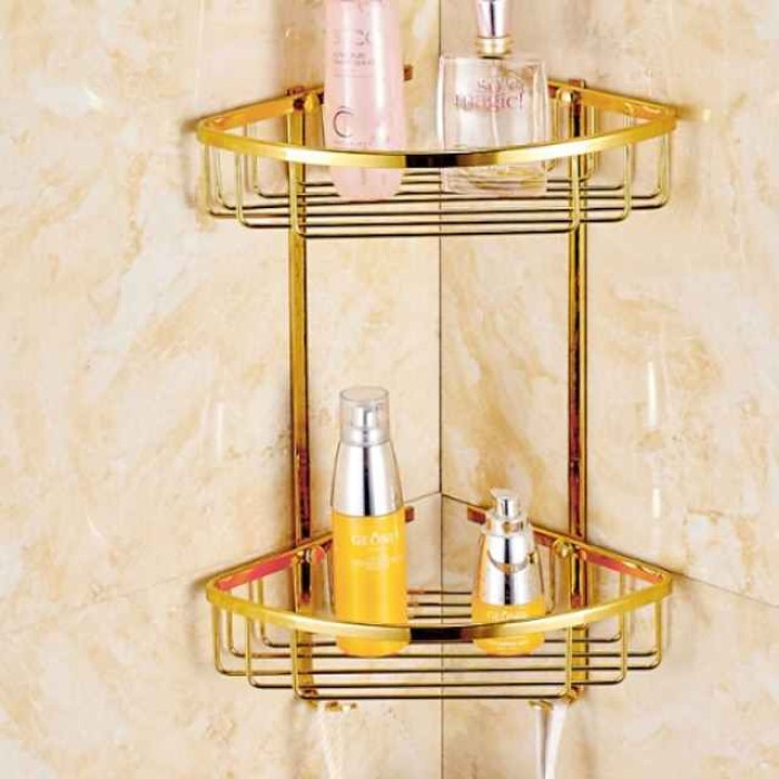 Double-deck Brass Material Triangular Storage Basket for Bathroom with 2 Hooks Polished Bath Corner Shelf Gold 1pc