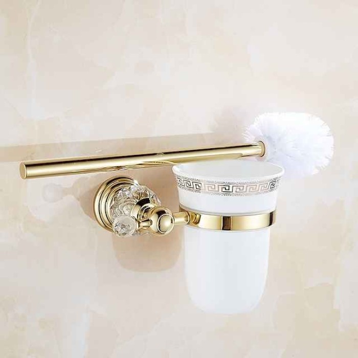 Toilet Brush Holder Set Neoclassical Zinc Alloy Material for Bathroom Polished Brass Golden 1pc